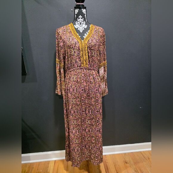 Long Boho Dress Floral Print Sz XL V Neck Elastic Waist Earth Tones Peasant - Picture 1 of 11
